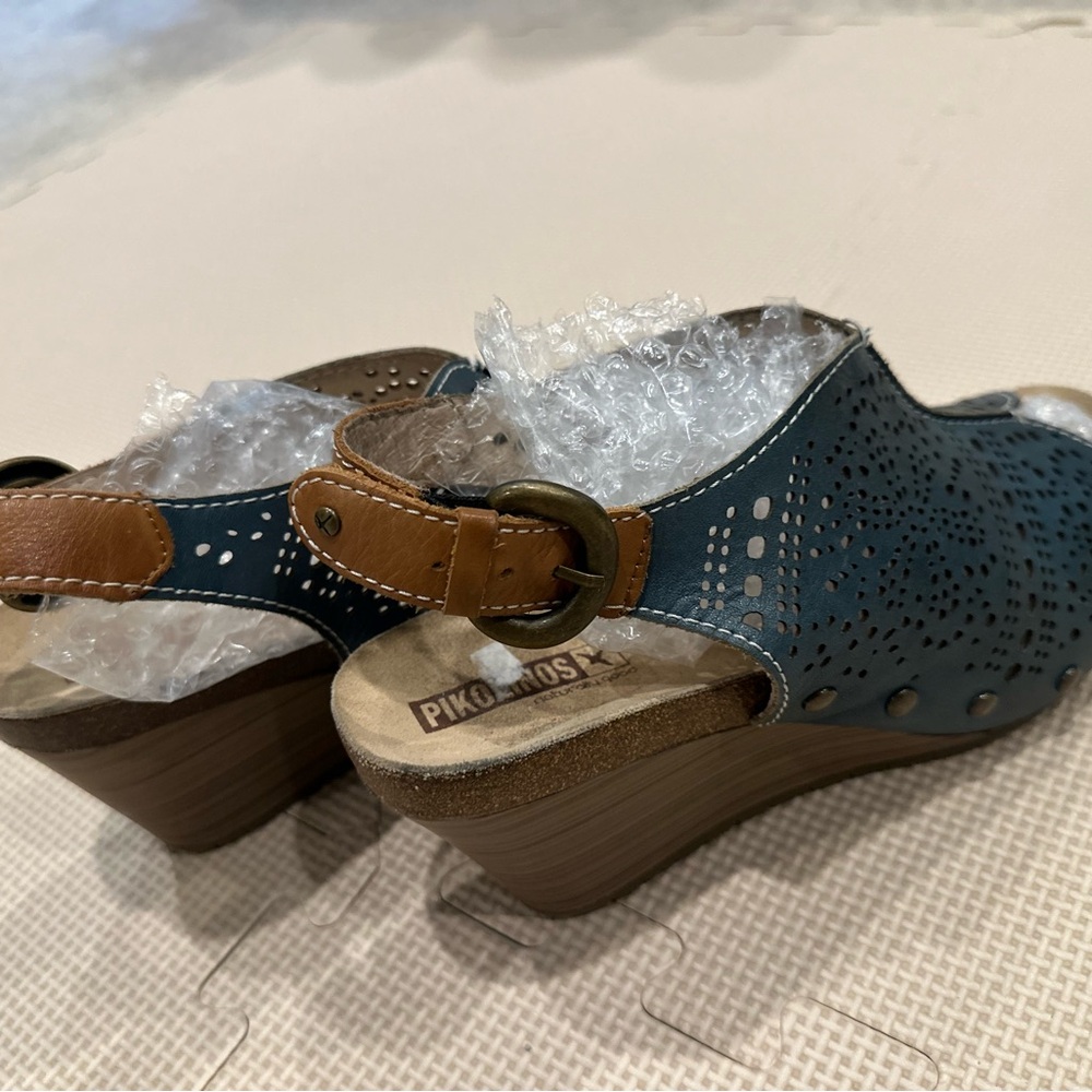 Pikolinos Mahon Blue Laser-Cut Leather Slingback Wedge Sandals Size 39 (US 8.5) - Picture 12 of 12